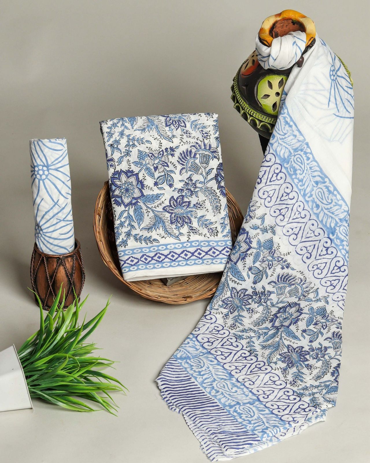 Wholesale Handblock Printed Cotton Mul Mul Suit Set with Mul Dupatta – White Blue Jaal Design, Handcrafted in Rajasthan for Designers, Boutiques, and Bulk Orders